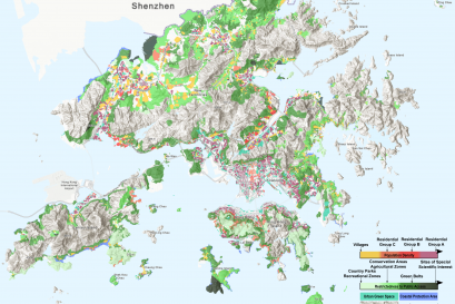 Hong Kong’s topography and land use zoning for (1) residential areas by their population density and (2) green spaces by their accessibility to the public, from country parks and recreational zones (publicly accessible) to sites of special scientific interest (limited access to protect biodiversity). Outline zoning plan data are from Wong (2022).