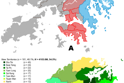 Hong Kong district maps of (A) occurrences of extreme precipitation events in 2023–2024 and (B) sample distribution by district and region. Note: ESR = exceptionally severe rainstorm. N represents 2024 mid-year population estimates, as published by the Census and Statistics Department (2025).
